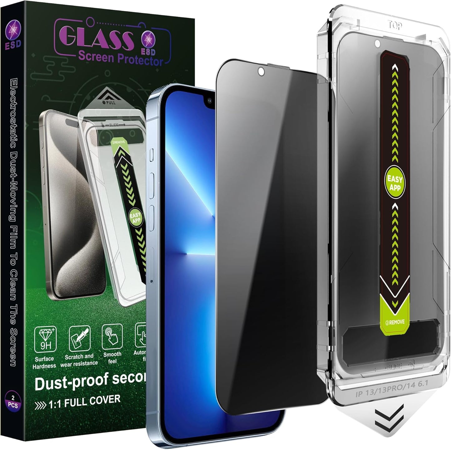 (2-Pack Anti-Spy Privacy Screen Protector for iPhone 16e/13/13 Pro/14(6.1-Inch),9H Tempered Glass,Full Coverage,Anti-Fingerprint,Auto Dust Removal,Bubble-Free,Easy Installation