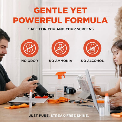 WHOOSH! Screen Shine Pro 16.9 fl oz Refillable Screen Cleaner for TV, OLED, and Monitors – Streak-Free Spray with Microfiber Cloth – Safe for Flat Screen, LCD, Smart Displays – Non-Toxic and Odorless