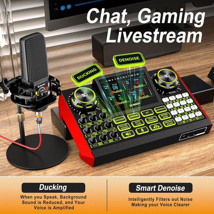 Podcast equipment bundle with live sound card audio mixer, podcast equipment with 3.5mm microphone, soundboard for phone, computer, live streaming, singing, recording, and content creation.