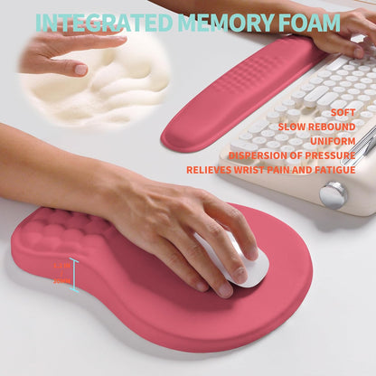 2-in-1 Ergonomic Set, Wave Rise Keyboard Wrist Rest and Massage Bulge Slope Mouse Pad Wrist Support, Cushion Memory Foam Integrated to Relieve Wrist Pain, Muskmelon Pink