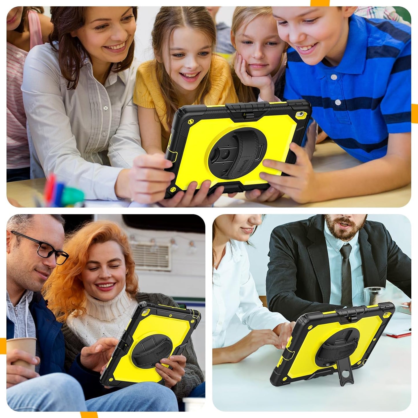 Timecity Case for iPad 9th/ 8th/ 7th Generation 10.2 inch - Heavy Duty Protective Cover with Screen Protector, Rotating Stand, Shoulder Strap & Pencil Holder | Kids-Friendly (Yellow)