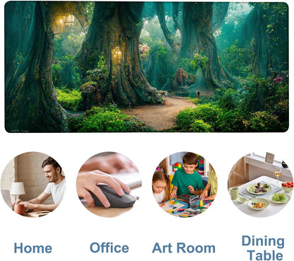 Gaming Desk Pad Large Extra Length Mysterious Forest Mouse Pad Keyboard Laptop Non-Slip Waterproof with Rubber Base Thick Stitched Edge Mouse Mat for Office Home 35.4 x 15.7 Inches