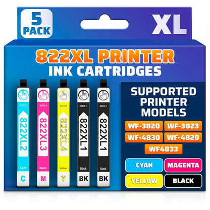 Reluen 5-Pcs 822XL Printer Ink Cartridges – High Capacity 2 Black & 3 Standard Color Combo Pack – Easy to Install and Compatible with WF-3820, WF-3823, WF-4820, WF-4830, WF-4833, WF-4834 Printers
