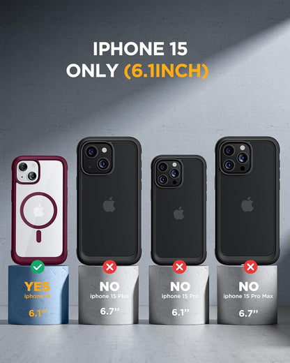 Miracase Glass Series for iPhone 15 Case [Compatible with MagSafe] Full-Body Magnetic Case with Built-in 9H Tempered Glass Anti-Fingerprint Screen Protector + Camera Lens Protector, Wine Red