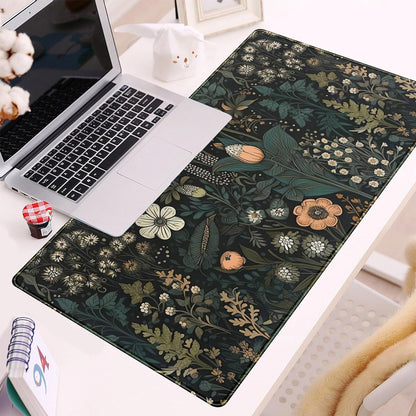 Dark Flower Desk Mat Floral Plants Mouse Pad, Aesthetic Wildflowers Large Gaming Mousepad Desk Pad, XXL Keyboard Mouse Mat Full Desktop Mat Women Office Desk Accessories Cover Mat 31.5"x15.75"