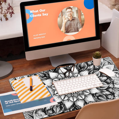 Large Gaming Mouse Pad for Desk, Black and White Mandala Desk Mat, Mandala Flower Desk Pad, 31.5"x15.7" Extended Big Computer Keyboard Mouse Pad with Non-Slip Base and Stitched Edge