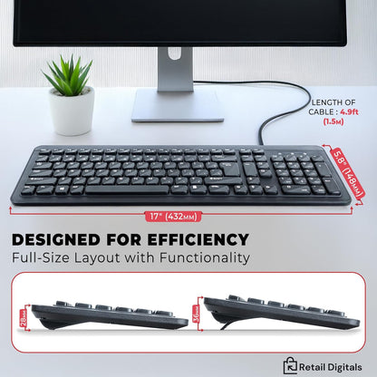 Wired USB Keyboard | Full-Sized | Ergonomic | Soft Typing | QWERTY Layout | Black