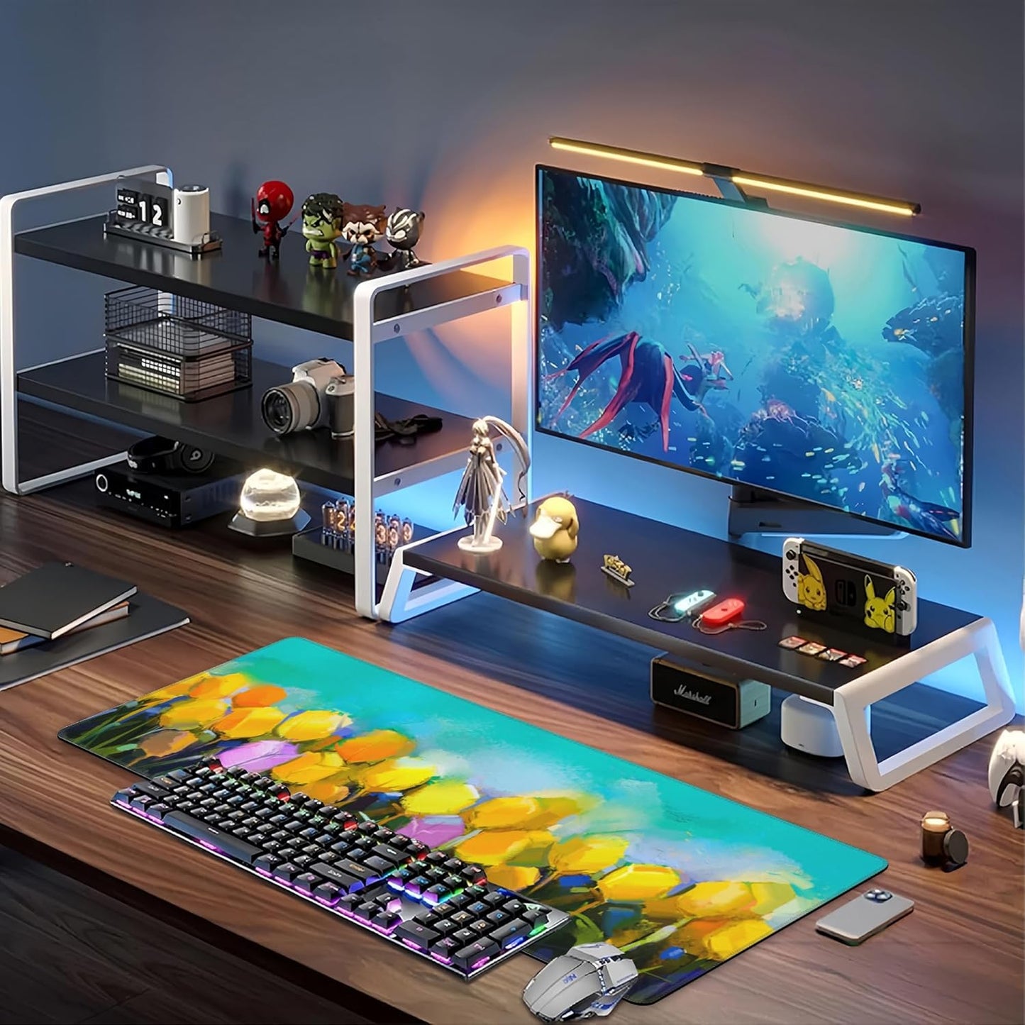 Tulips Flowers Desk Mat,Large Yellow and Violet Tulip Flowers Gaming Keyboard Mouse Pad,Non-Slip Rubber Base Desk Pad Thick Stitched Edges Waterproof Mousepad Mouse Mat 31.5"x11.8"