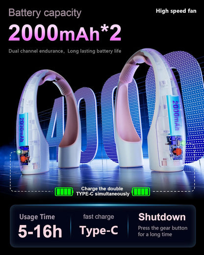 AI Neck Fan, 4 Speeds Adjustable Portable Personal Fan Rechargeable, 4000 mAh Battery Faster Cooling Wearable Fan, Ultra Quiet for Home, Office, Travel, Outdoor - PInk