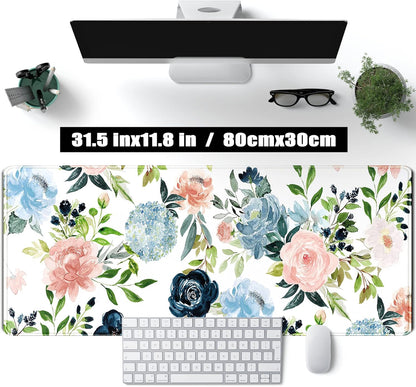 Gaming Green Desk Mat Desk Mouse Pads Purple Blue Pink Floral Mouse Pad Large, XL Big Computer Keyboard Mouse Mat Desk Pad Mat with Stitched Edge for Women Home Office Decor Deskmat 31.5x11.8 in
