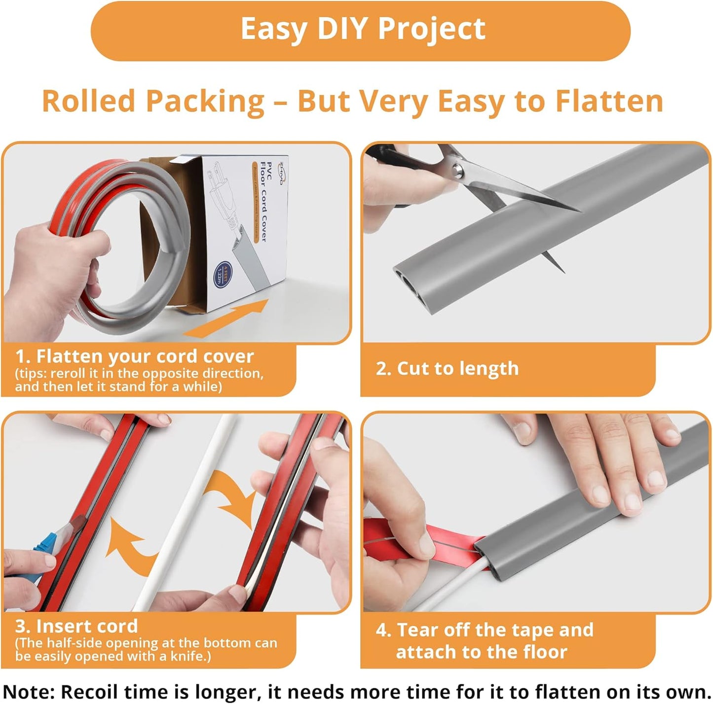 5ft Cord Cover Floor for Extension Cords, Self-Adhesive Floor Cable Cover to Protect Cables & Prevent Tripping, PVC Cord Hider Protector, Internal Wire Management Channel Diameter: 0.39", Gray