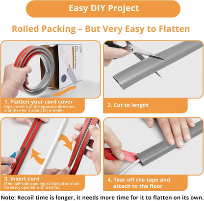 5ft Cord Cover Floor for Extension Cords, Self-Adhesive Floor Cable Cover to Protect Cables & Prevent Tripping, PVC Cord Hider Protector, Internal Wire Management Channel Diameter: 0.39", Gray