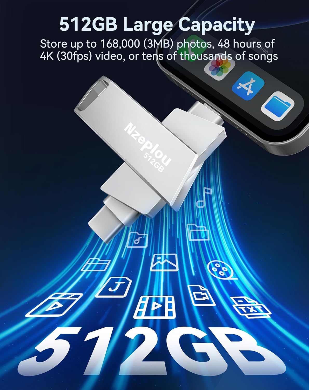 512GB Flash Drive for iPhone iPad, USB3.0 High-Speed Memory Stick No App Needed, Lightening & USB-C External Memory Storage for Photos Videos, Picture Backup Thumb Drive Plug & Play (Silver)