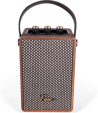 Fuse Andle Vintage Retro Bluetooth Speaker with Vegan Leather Handle | Portable Speaker with Smartphone Connection | USB & AUX Input | Stylish Brown Wood Exterior