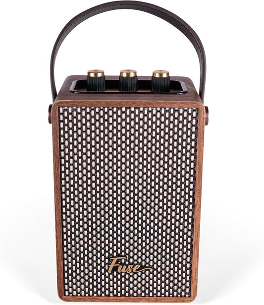 Fuse Andle Vintage Retro Bluetooth Speaker with Vegan Leather Handle | Portable Speaker with Smartphone Connection | USB & AUX Input | Stylish Brown Wood Exterior