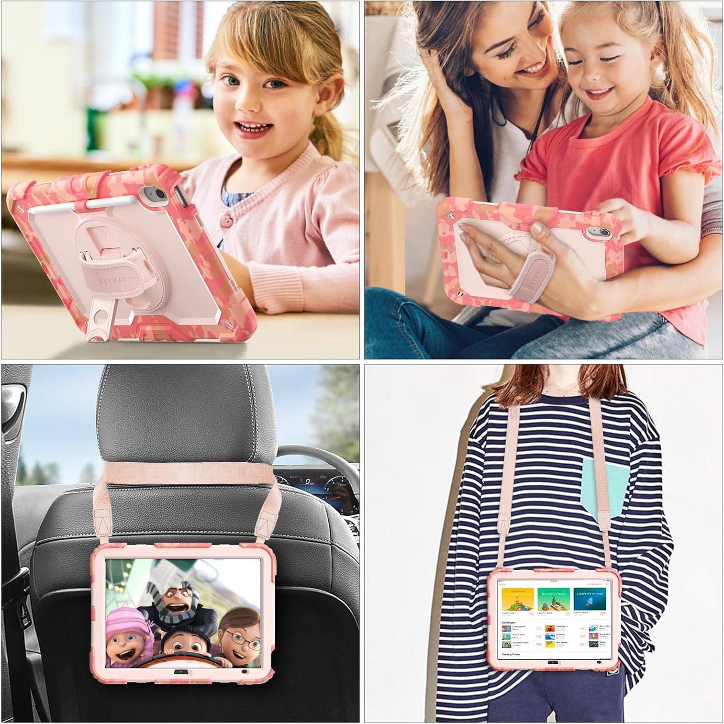 SEYMAC stock Case for iPad (A16) 11th/10th Generation 11''/10.9'' 2025/2022, Full-Body Drop Protection Case with Screen Protector &360° Rotate Hand Strap/Stand, Camo Pink