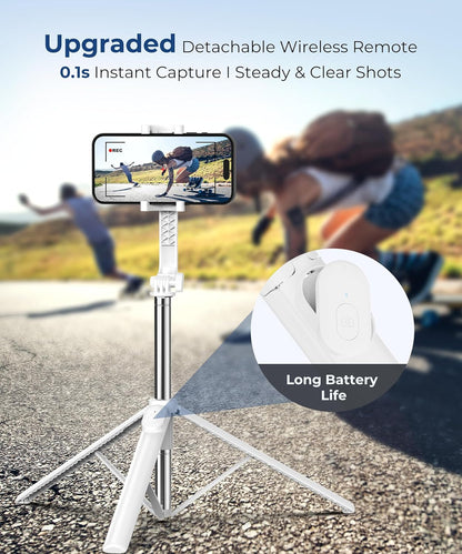 67‘’ Selfie Stick, Phone Tripod with Wireless Remote Control, Portable Selfie Stick Tripod for Photograph, Live Streaming, Video Recording, Compatible with All Cell Phones, White