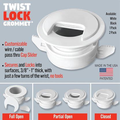 (1-Pack White) Cable, Wire & Cord Management - Self Locking Grommet with Cover for Walls, Ceilings, Desks, Used for All Surfaces 3/8” to 1” Thick, Made in USA