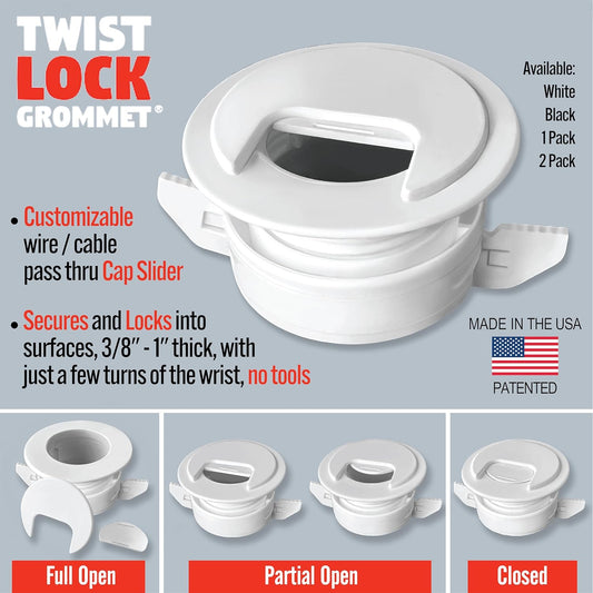(1-Pack White) Cable, Wire & Cord Management - Self Locking Grommet with Cover for Walls, Ceilings, Desks, Used for All Surfaces 3/8” to 1” Thick, Made in USA
