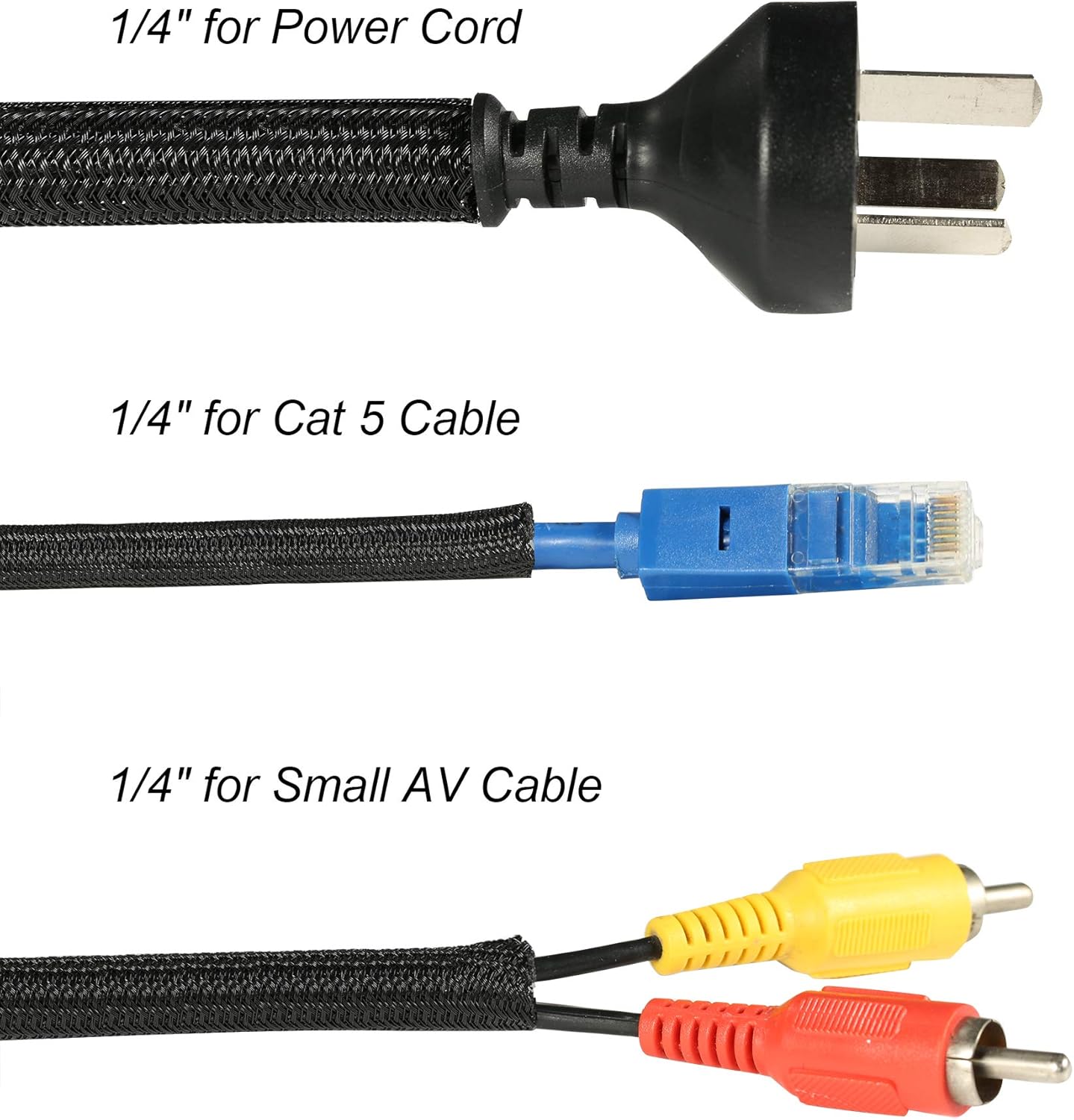 CrocSee 25ft - 1/4 inch Braided Cable Management Sleeve Cord Protector - Self-Wrapping Split Wire Loom for TV/Computer/Home Theater/Engine Bay - Black