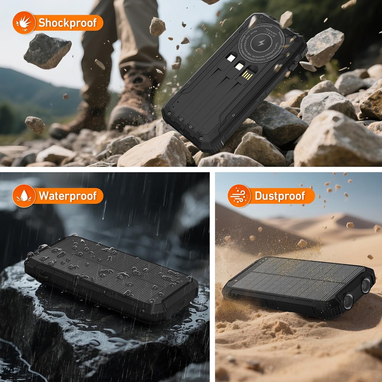 Solar Power Bank 20000mAh Wireless Portable Charger Built-in 3 Cables 15W USB-C Fast Charging Battery Pack Compatible with iPhone, Samsung, iPad, Emergency LED Flashlights Perfect for Camping, Hiking