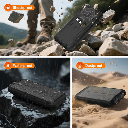 Solar Power Bank 20000mAh Wireless Portable Charger Built-in 3 Cables 15W USB-C Fast Charging Battery Pack Compatible with iPhone, Samsung, iPad, Emergency LED Flashlights Perfect for Camping, Hiking