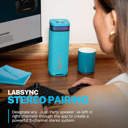 JLab JBuds Party Portable Bluetooth Speaker, 2 Full-Range Drivers + 2 Passive Woofers, IP56 Waterproof, 12 Hours Playtime, Connect Multiple Speakers, Custom Sound + RGB Lighting via App, Cyan