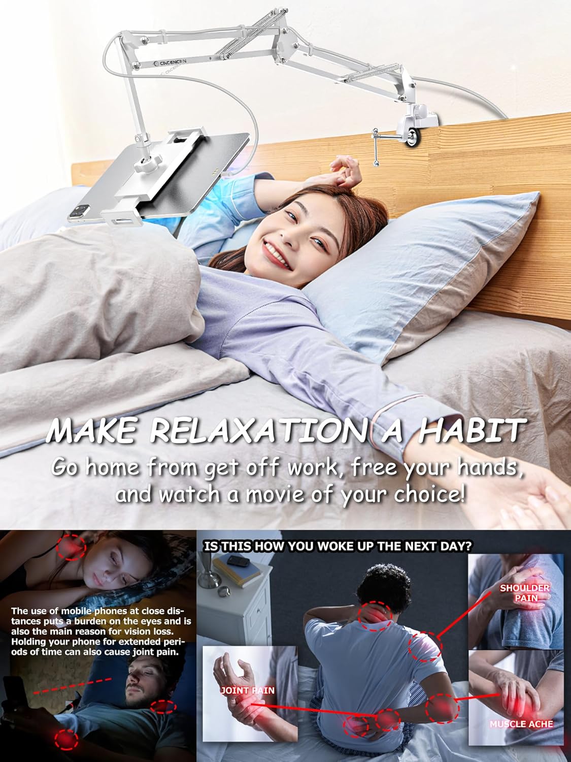 Foldable Tablet Stand, Tablet Mount Adjustable for Bed,Universal Flexible Tablet Holder with 360 Degree Rotation for iPad/iPhoneX/iPad Pro/N-Switch,or Other 4.5~13.5 Inches Devices (White)