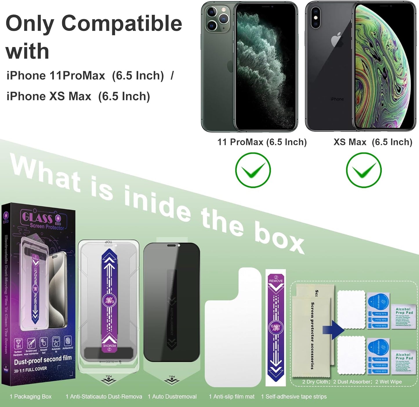 2 Pack Privacy Screen Protector for iPhone 11 Pro Max and iPhon Xs Max 6.5-Inch Auto Dust Removal, No Bubbles,Anti-Spy Tempered Glass Film, Easy Installation