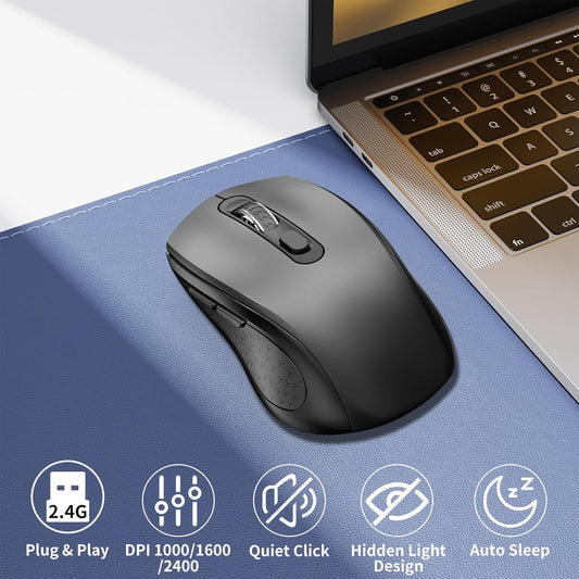 Wireless Mouse Ergonomic, Side Buttons Mouse, 2400 DPI, Silent and Anti Slip Roller Cordless Mice, 2.4Ghz with USB Receiver, 6 Buttons, Suitable for Laptop PC Chromebook and Windows 11/10/7 - Grey