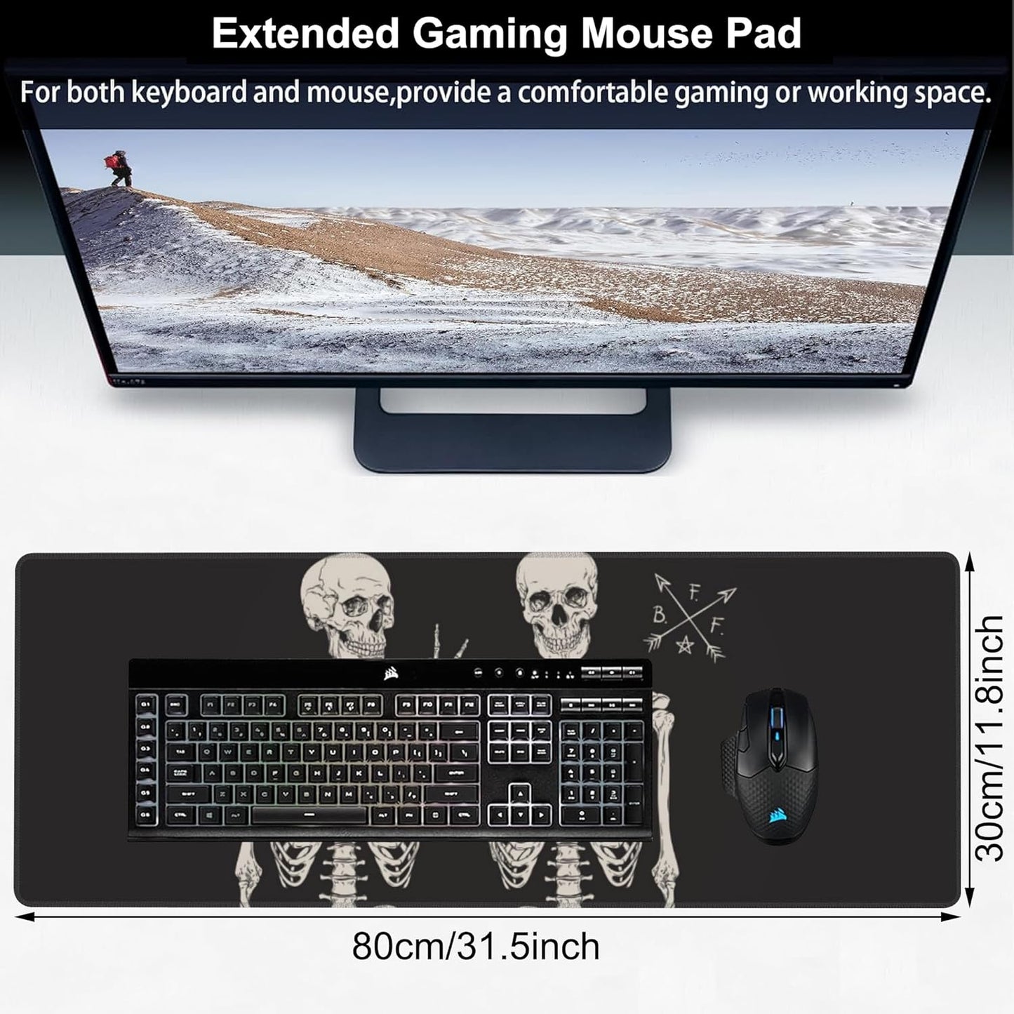 Human Skeletons Best Friends Desk Mat,Large Gothic Human Skeleton Gaming Keyboard Mouse Pad,Non-Slip Rubber Base Desk Pad Thick Stitched Edges Waterproof Mousepad Mouse Mat 31.5"x11.8"