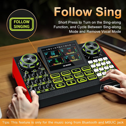 Audio mixer, suitable for live streaming, singing, and gaming on computer/phone; soundboard for 3.5mm condenser microphone; podcast mixer with live sound card, noise reduction, and one-touch mute