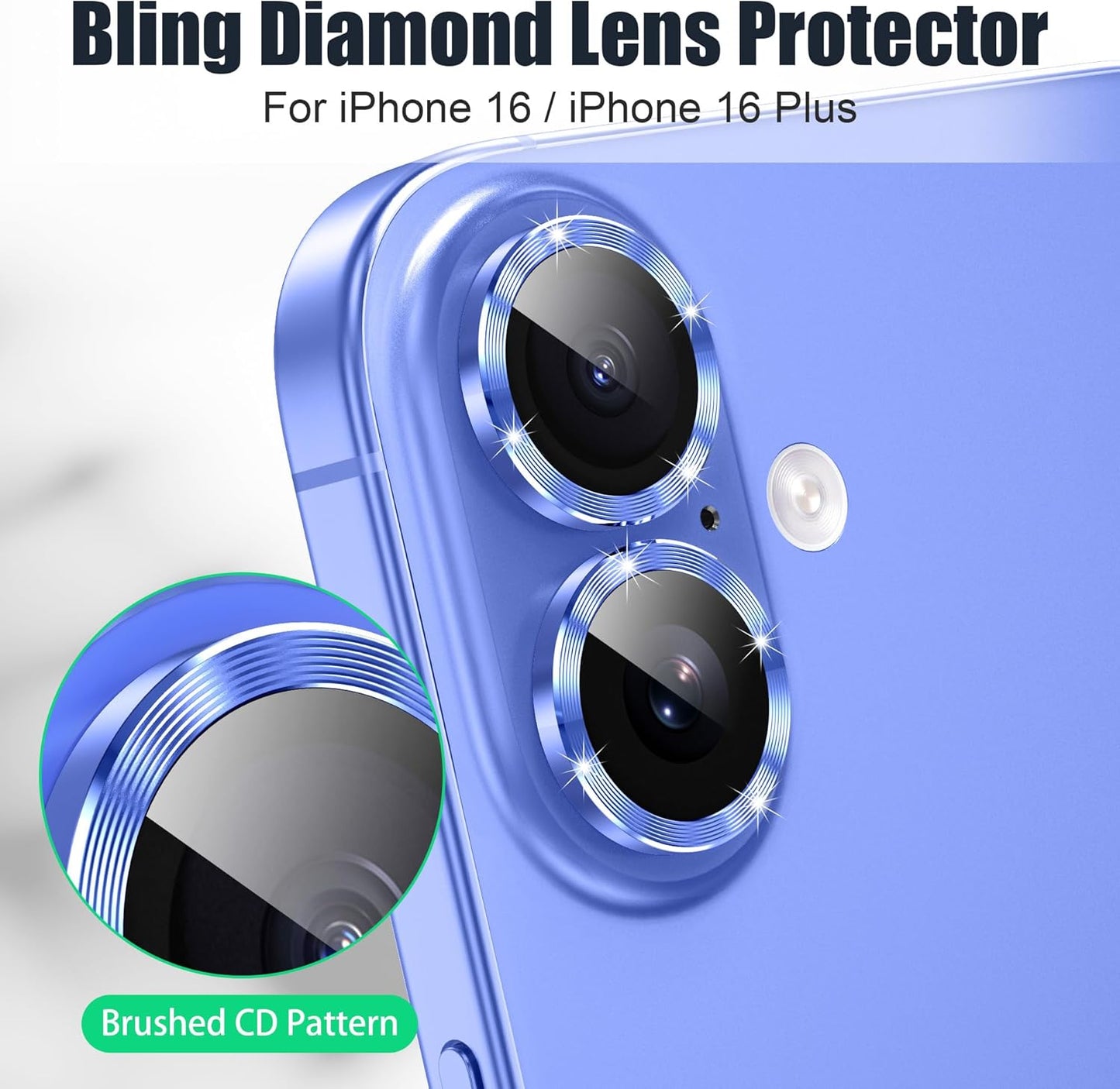 AGVEE 3+3 6 Pack for iPhone 16 6.1" / 16 Plus 6.7" Camera Lens Cover Protector, Bling Glitter & CD-Textured Metal Ring 9H Tempered HD Glass Camera Cover Protector Film, Glitter-Blue