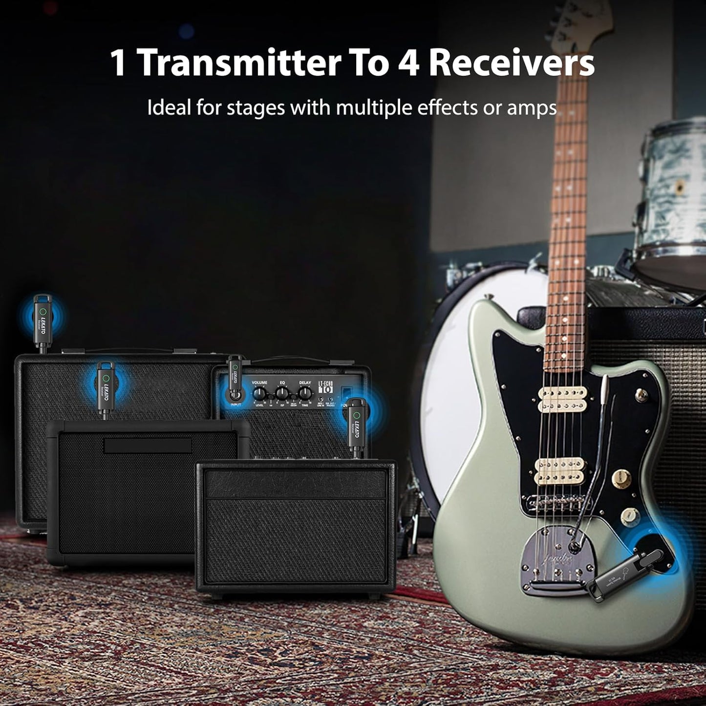LEKATO Wireless Guitar System UHF Wireless Guitar Transmitter Receiver Rechargeable Audio Wireless Guitar Transmitter and Receiver with 70 Channels Wireless for Guitar Bass Electric Instruments-Green