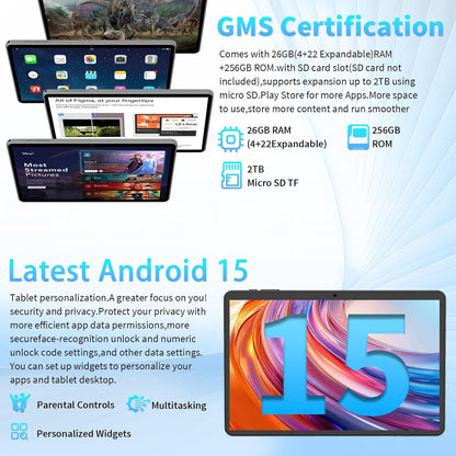 Android 15 Tablet 10 Inch, 26GB RAM+256GB ROM/2TB Expandable Tablet, 2 in 1 Tablets with Keyboard Case Mouse Stylus, 2.0GHz Octa-core CPU, IPS HD Screen, 5G WiFi BT 5.0, 8000mAh Battery (Black)