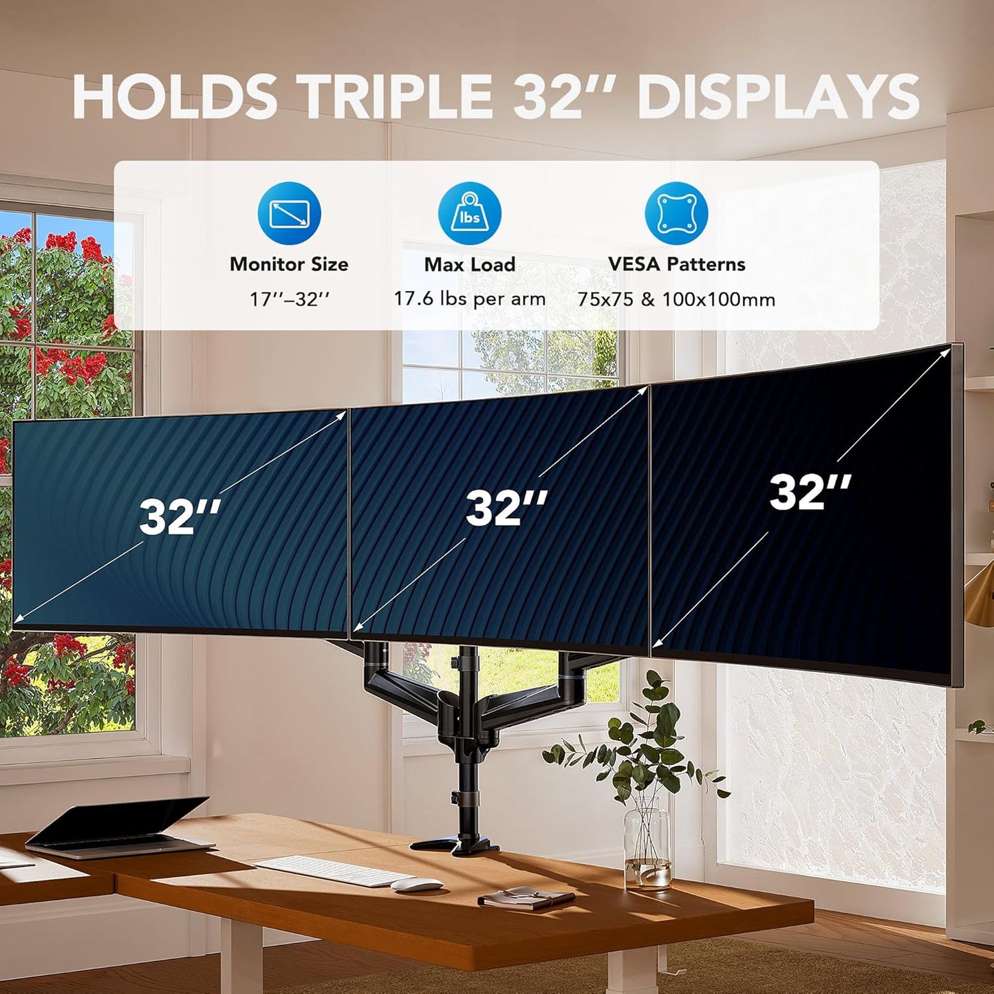 HUANUO Triple Monitor Mount for 17 to 32 inch Screens, Adjustment Triple Monitor Stand with Swivel, Tilt, Rotation, Clamp & Grommet Kit (Black)
