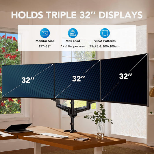 HUANUO Triple Monitor Mount for 17 to 32 inch Screens, Adjustment Triple Monitor Stand with Swivel, Tilt, Rotation, Clamp & Grommet Kit (Black)