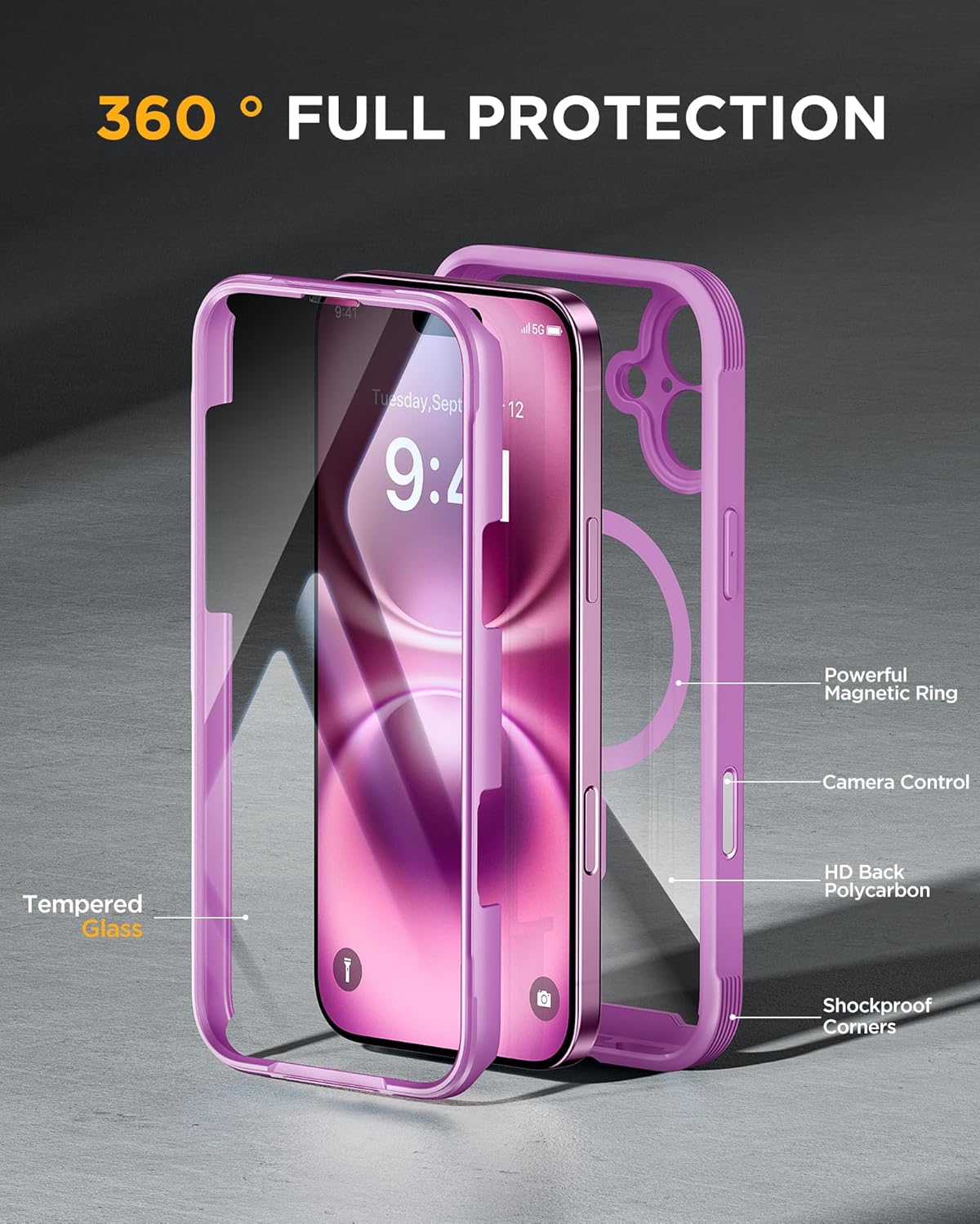 Miracase for iPhone 16 Case 6.1'', [Bubble Free] Full-Body Bumper Phone case with Built-in Full Glass Screen &Camera Control,No Gap,Compatible with MagSafe,Drop Proof 16 Cover,Pink
