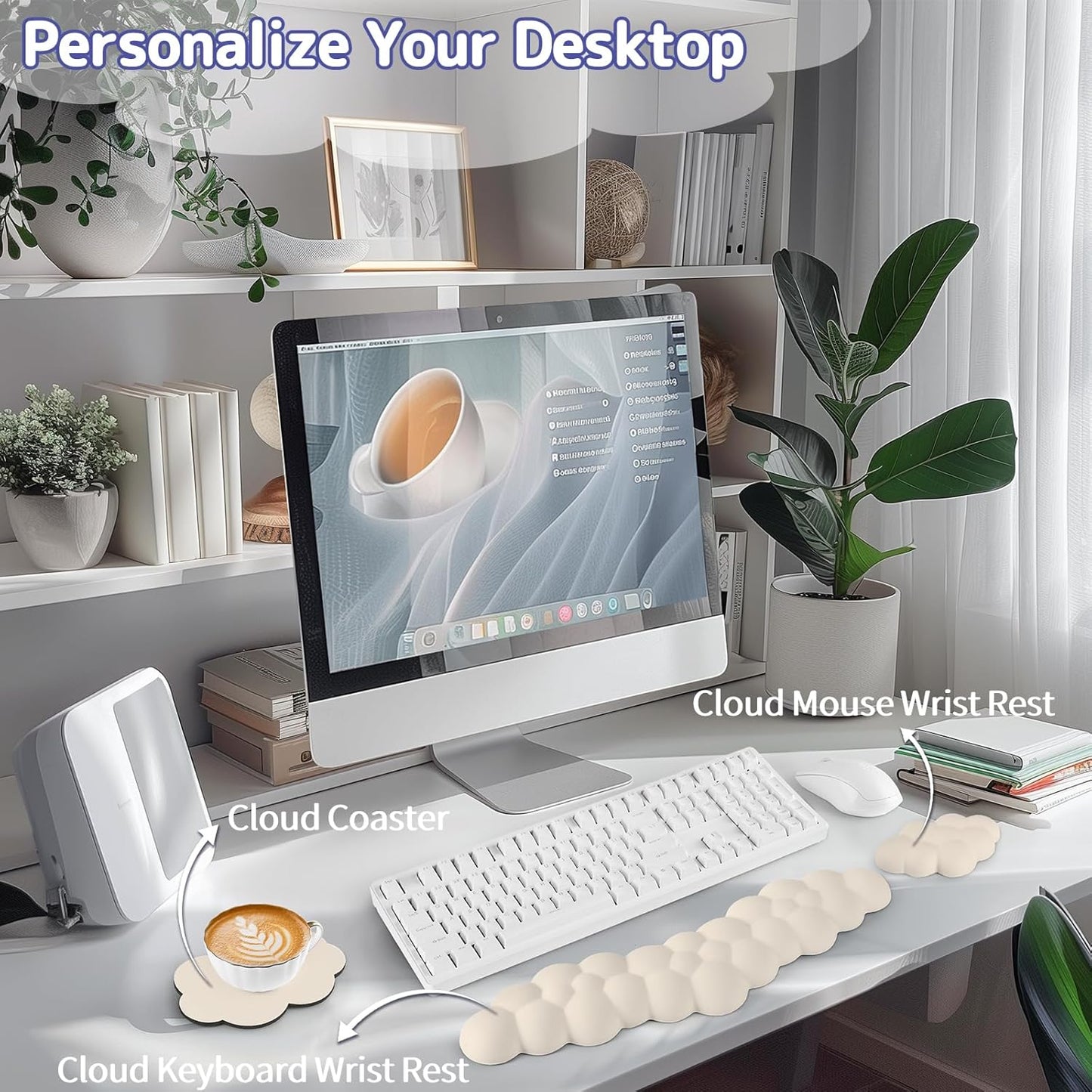 Cloud Wrist Rest for Keyboard and Mouse, Memory Foam PU Leather Keyboard Wrist Rest with Ergonomic Support, Non-Slip Base, Cute Arm Rest Pad & Palm Cushion, Office Desk Accessory, Beige