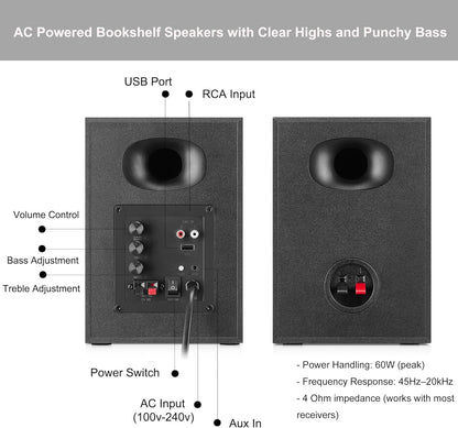 Bookshelf Speakers with Deep Bass, 80W Peak Output HiFi Gaming Computer Speakers, 4" Desktop Audio System for Home Office Desktop PC, Home Entertainment, Turntable, Pair, Black