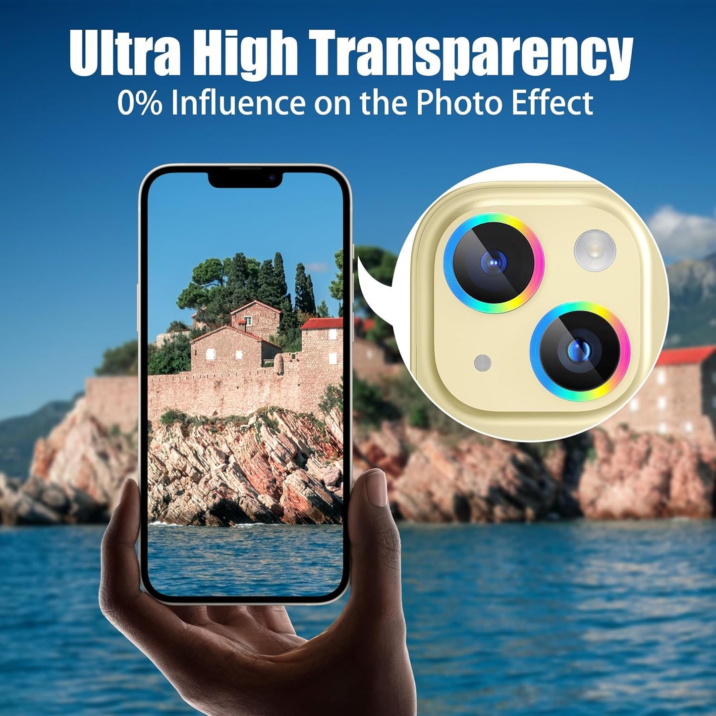 AGVEE 3+3 6 Pack for iPhone 15 6.1" / 15 Plus 6.7" Camera Lens Cover Protector, Metal Ring 9H Tempered HD Glass Camera Cover Protector Film, Yellow