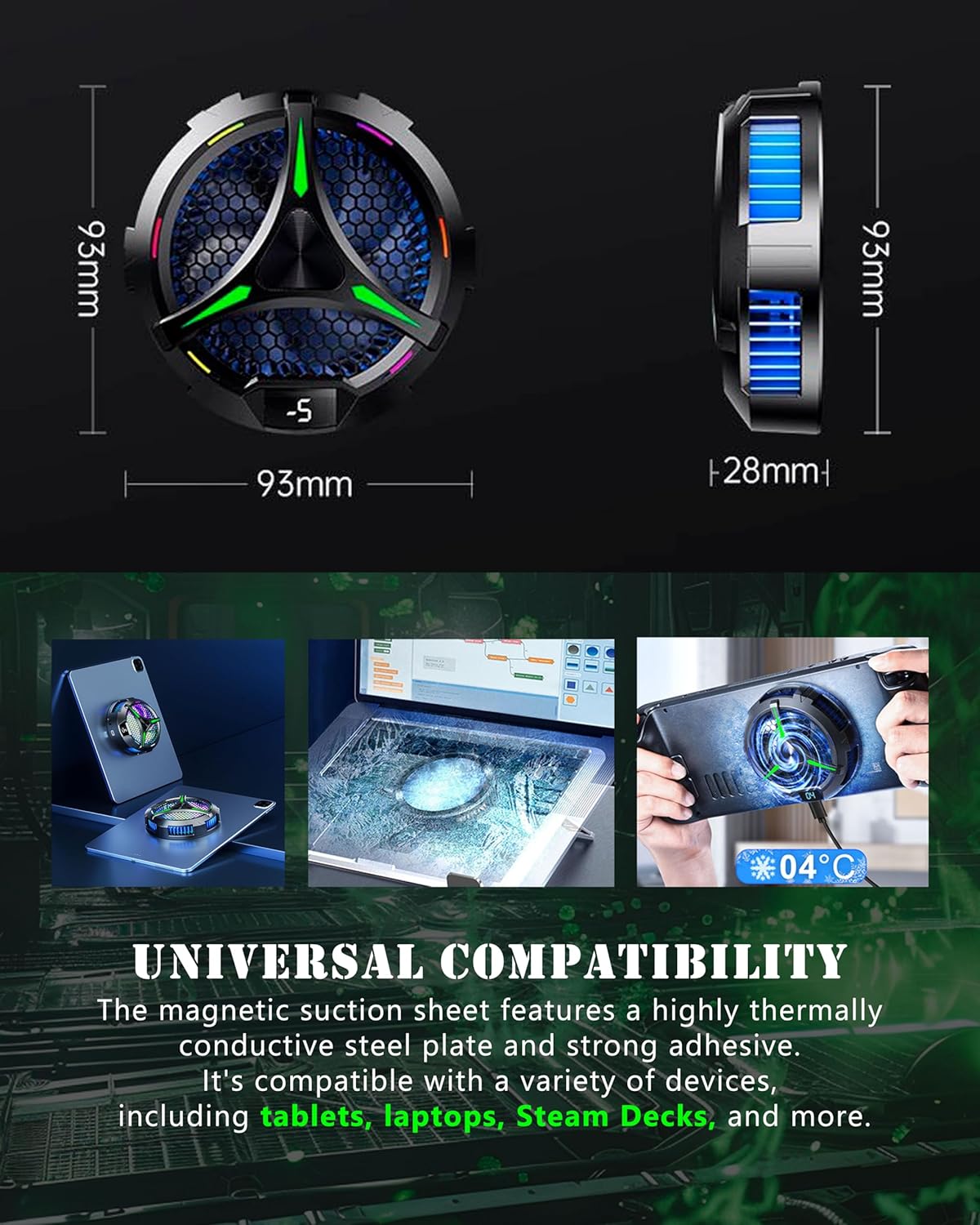 Magnetic Cooler for iPad,Tablet Cooler for ipad/Surface pro/Samsung Tab,Universal Radiator with Temperature Display for Mobile Gaming,Tiktok Live Streaming(Including Tablet Stand Holder)