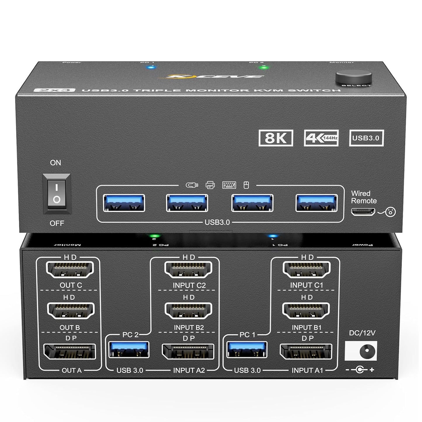 KVM Switch 3 Monitors 2 Computers 8K@60Hz/4K@144Hz, HDMI Displayport KVM Switches for 2 PC Sharing Triple Monitor and Keyboard Mouse with Power Adapter, Wired Extend Controller and USB3.0 Cables