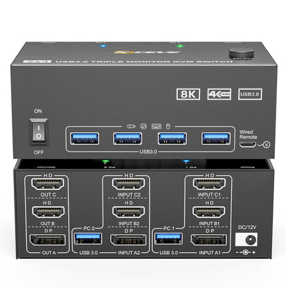 KVM Switch 3 Monitors 2 Computers 8K@60Hz/4K@144Hz, HDMI Displayport KVM Switches for 2 PC Sharing Triple Monitor and Keyboard Mouse with Power Adapter, Wired Extend Controller and USB3.0 Cables