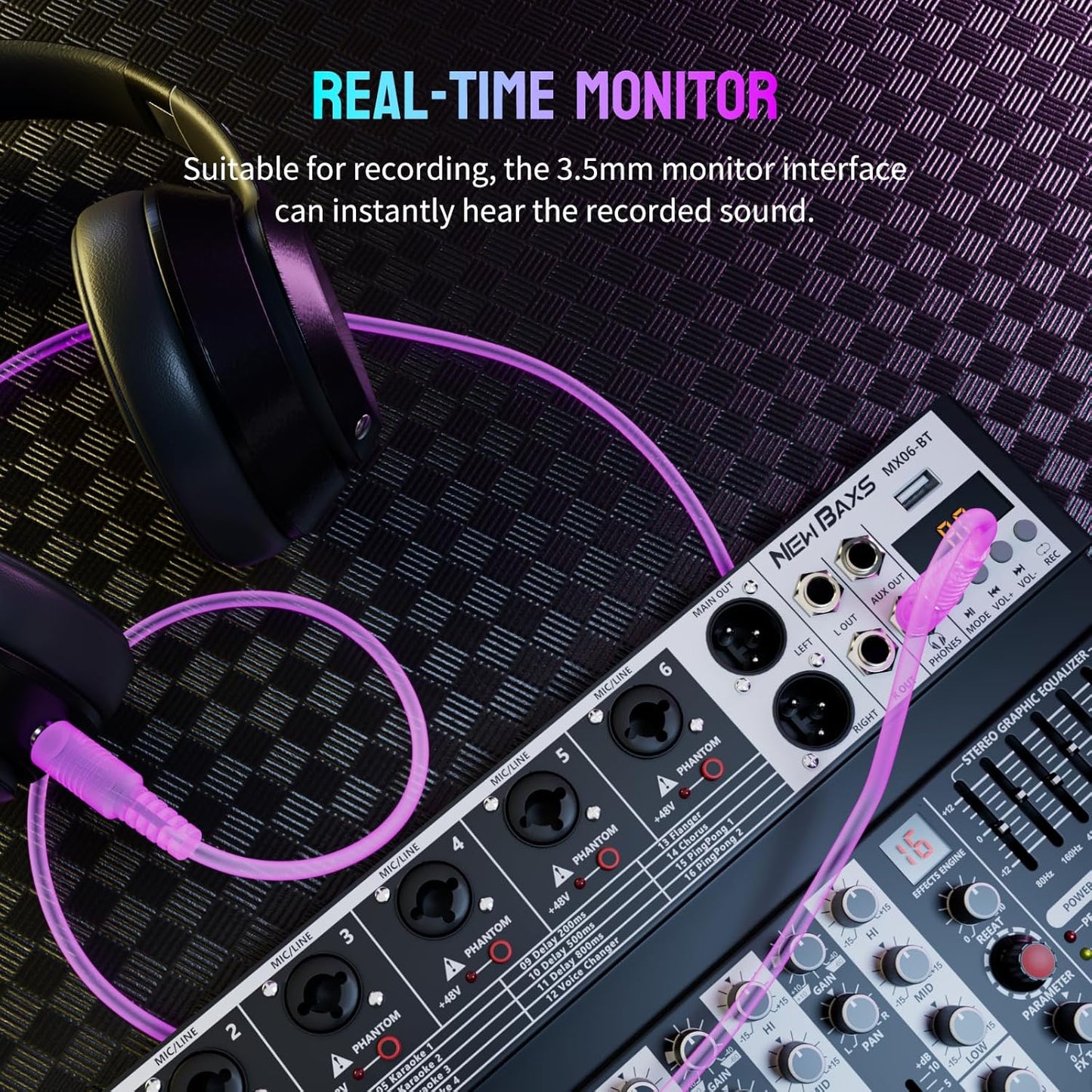 Professional Audio Mixer,6 Channel Audio Interface Sound Board Mixing Console System with Monitor,16 DSP DJ Bluetooth Mixer Reverb Effect +48V Phantom For Karaoke Studio Streaming Recording