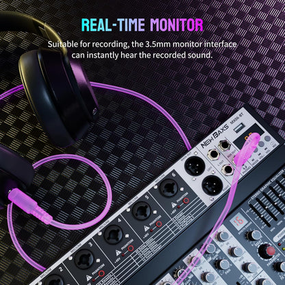 Professional Audio Mixer,6 Channel Audio Interface Sound Board Mixing Console System with Monitor,16 DSP DJ Bluetooth Mixer Reverb Effect +48V Phantom For Karaoke Studio Streaming Recording