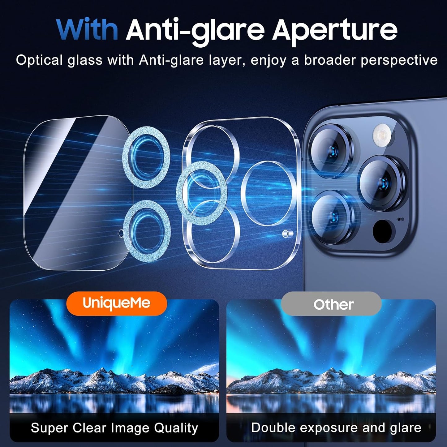 UniqueMe for 3 Pack iPhone 15 Pro/iPhone 15 Pro Max Camera Lens Protector, [Drop Protection] [Case Friendly] 9H Tempered Glass Camera Cover Screen [Update New Version] - Light Blue