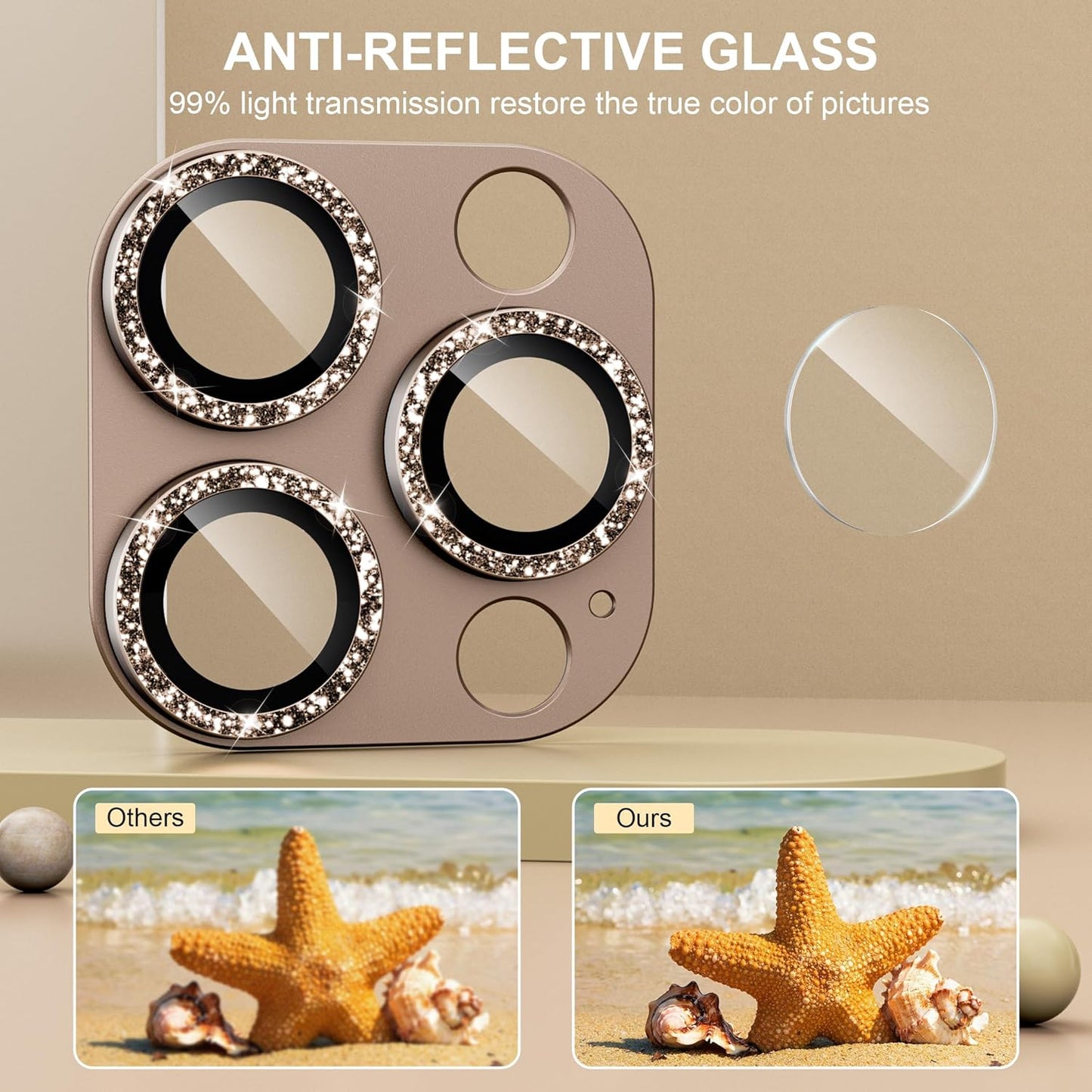 beuxece Compatible for iPhone 16 Pro/iPhone 16 Pro Max Camera Lens Protector, Bling Metal Tempered Glass Camera Screen Cover [Strong Adsorption][Case-Friendly]- Glitter Deep Titanium Desert