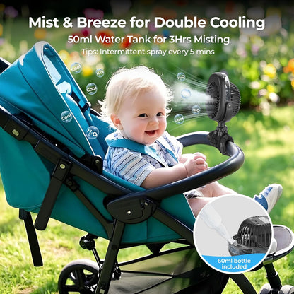 Misting Baby Stroller Fan, 4000mAh Rechargeable Battery Operated, 270°Pivoting, 15H Cooling,50ml Portable Water Sprayer Misting Fan with Flexible Tripod Clip on Car Seat Crib Treadmill Bunk Bed