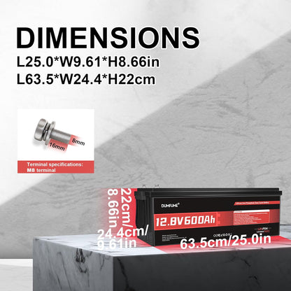 12V 600Ah LiFePO4 Lithium Battery Built-in 200A BMS 10000+ Deep Cycle 7200Wh Deep Cycle Lithium Iron Phosphate Battery Perfect for RV, Solar System, Off Grid, Home Energy Storage